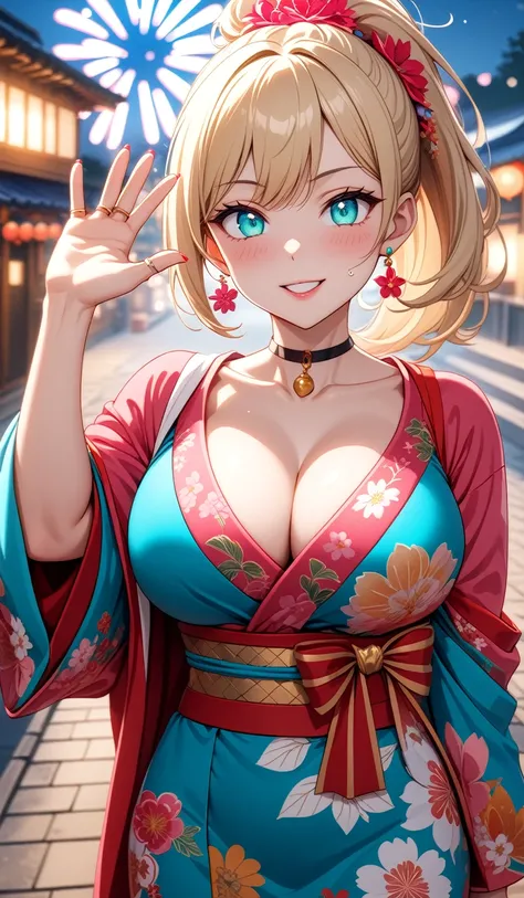 ((One personの女性)), Beautiful Face, ((waving at viewer:2.0)),Laughing embarrassedly,((Wink:1.9)),Laugh with your mouth wide open((Bright red cheeks:1.4)),Glossy pink lips,night,rooftop,Festive decorations,You can see the ocean, firework,Laughing with your m...