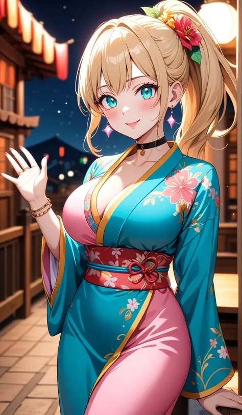 ((One personの女性)), Beautiful Face, ((waving at viewer:2.0)),Laughing embarrassedly,((Wink:1.9)),Laugh with your mouth wide open((Bright red cheeks:1.4)),Glossy pink lips,night,rooftop,Festive decorations,You can see the ocean, firework,Laughing with your m...