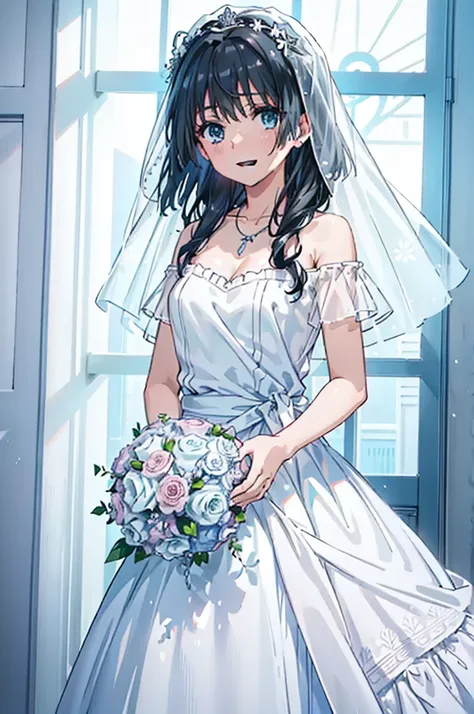 okay, saten ruiko, black hair, blue eyes, long hair, hair ornaments, floral decoration,grin,smile,veil,blush,wedding dress,off t...