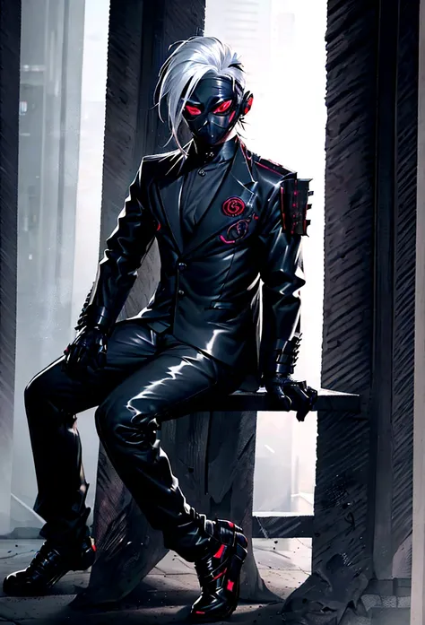 "(punk jacket:1) dark theme :: closeup foco facial, ultra realistic futuristic cyberpunk muscular white hair male sitting on throne :: The cyberpunk way (intricate black skull face:1) :: cool cybernetic punk jacket red neon eyes :: wearing no shirt::  mech...