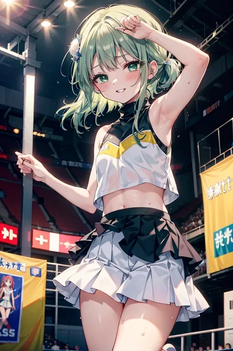 index, index,Silver Hair, (Green Eyes:1.5),Long Hair, (Flat Chest:1.2),Grin,tooth,Daytime,sunny,
,(cheer leading), (whole body), Lower, (Sweaty), Sweaty Wet Clothes, (White clothes),Sleeveless, Pleated skirt,Black socks,sneakers, Belly button support, play...