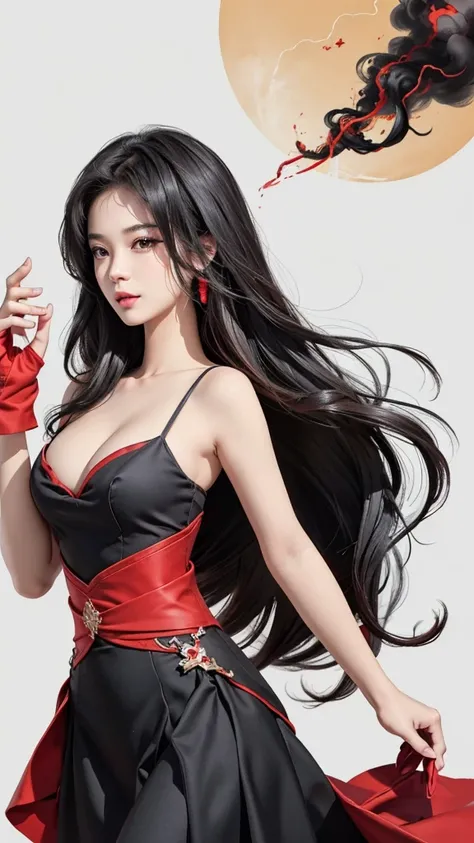 random angle image, brush drawing image, portrait image, beautiful busty Thai female teen, aged 20, soft skin colour, flowing long black hair, red slim fit maid dress, dynamic fashion pose, red smoke lines behind, white background, 8K resolution 