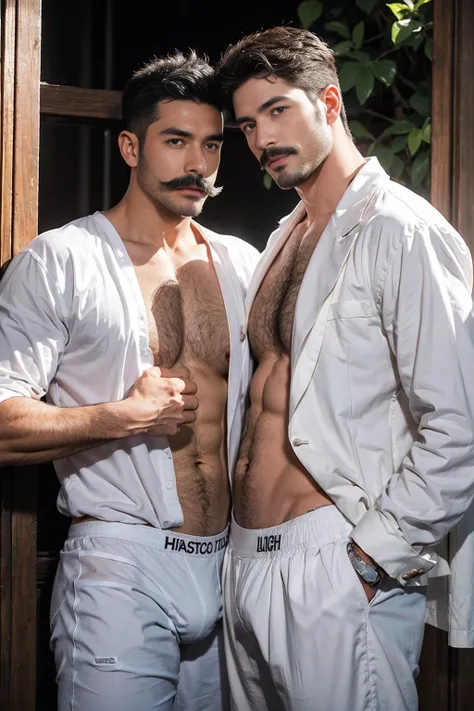 outdoor , two mature male , black tuxedo, one white hair, big beard. A brunette mustache , hug, , mature male, gay art,Low-rise semi-transparent white briefs ! Only wear white briefs.！Skinny and tall！（Chest hair：1.5） ！ High detail 8K)! ((Realistically)), !...