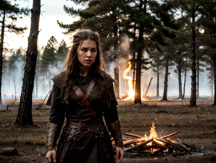 angry viking woman, battlefield, trees in fire