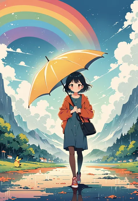 ((anime:1.4,illustration)),(masterpiece, top quality, best quality),(ultra-detailed, absolutely resolution),((16k, high res)), (((Pikachu holding an umbrella in the rain, a rainbow is out, the sky is half sunny and half rainy)) ((cozy lofi illustration:1.4...