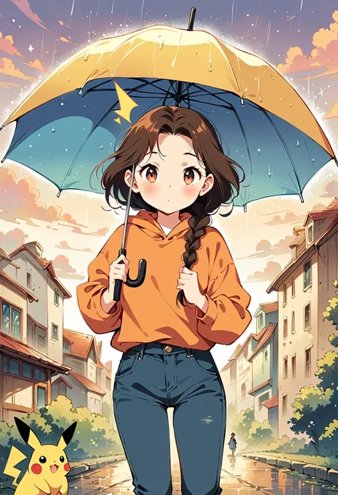 ((anime:1.4,illustration)),(masterpiece, top quality, best quality),(ultra-detailed, absolutely resolution),((16k, high res)), (((Pikachu holding an umbrella in the rain, a rainbow is out, the sky is half sunny and half rainy)) ((cozy lofi illustration:1.4...