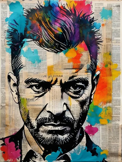 (ink on newspaper in the style of Loui Jover:1.5), NAPLES, VESUVIO, Envision an art movement where portraits capture the subjects inner thoughts and emotions as vibrant, shifting patterns of color and light
