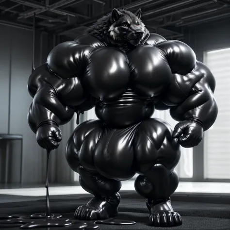 solo, male, , , , (hyper pecs:1.3), （long thick thighs:1.5）, standing, indoor,，(，,(,solo,very hyper muscles:1.3)((, Huge bulge：1.8))）（)), black glowing liquid，（((liquid_latex, , rubber:1.2)，,black latex，goo transformation，(gooey)()(l），unreal engine,perfect...