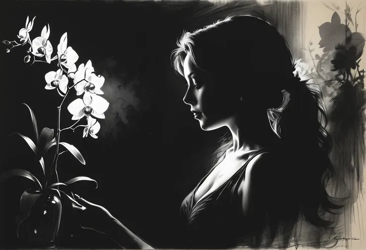 artistic silhouette portrait, sketch, breathtaking portrait of a gorgeous woman, shadow art, play of light, close-up, hyper-real...