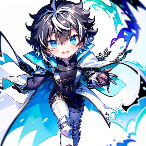 (white background:1.5), ((absurdres)), hd, uhd, (((HDR))), ((best quality)), (ultra high quality), (hi-res), ((1boy)), solo, charlemagne, black hair, blue eyes, multicolored hair, two-tone hair, happy expression, :3, (skipping, running), medieval city, out...