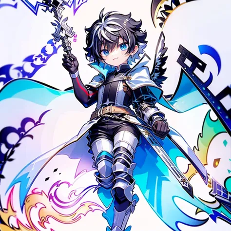 (white background:1.5), ((absurdres)), hd, uhd, (((HDR))), ((best quality)), (ultra high quality), (hi-res), ((1boy)), solo, charlemagne, black hair, blue eyes, multicolored hair, two-tone hair, happy expression, :3, (skipping, running), medieval city, out...