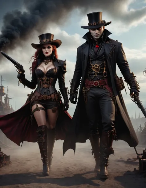 Demon and Vampire Hunter, Steampunck, black fantasy, high détail, hyper realist, cinematic frame, A high resolution