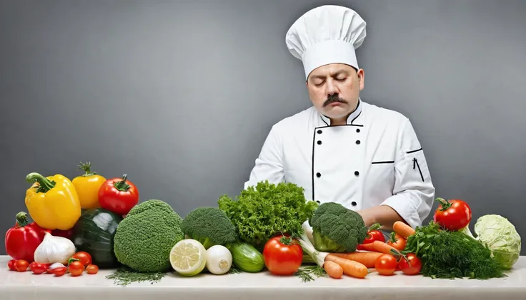 sad chef. various vegetables to wash and cut