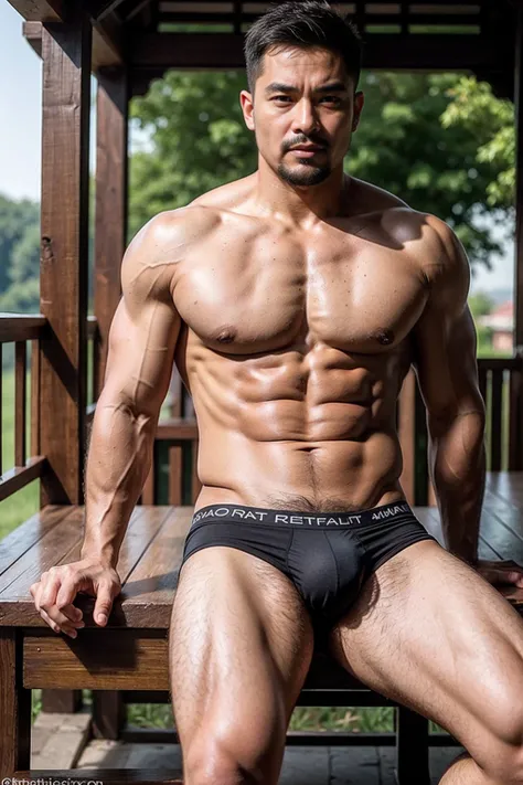 A young chinese grandfather with gray hair, mature face, a thick mustache, a big muscular body, wearing red big bulging underwear, Sit on a park bench decorated in Chinese style., have belly, big muscular chest, sexy pose ,perfect , male , correct male scr...