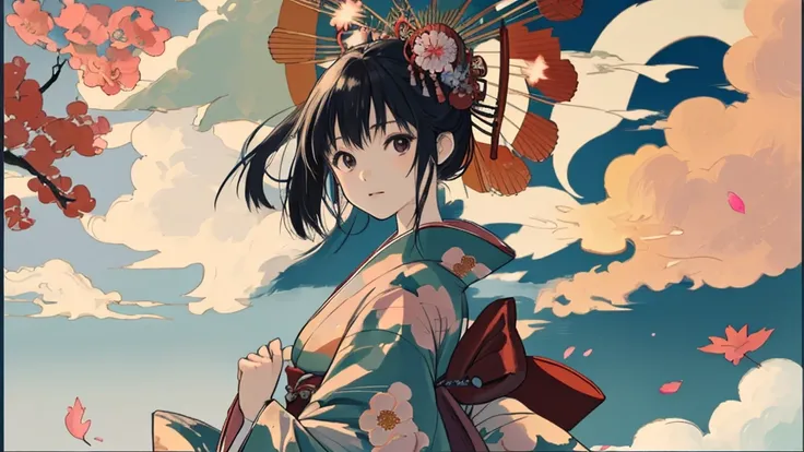 japanese girl with kimono, sun, cloud