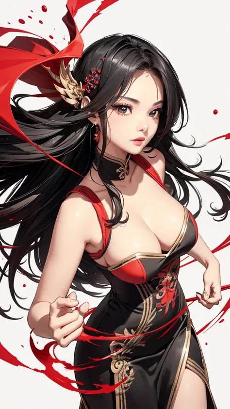 random angle image, brush drawing image, portrait image, beautiful busty Thai female teen, aged 20, soft skin colour, flowing long black hair, red slim fit maid dress, dynamic fashion pose, red smoke lines behind, white background, 8K resolution 