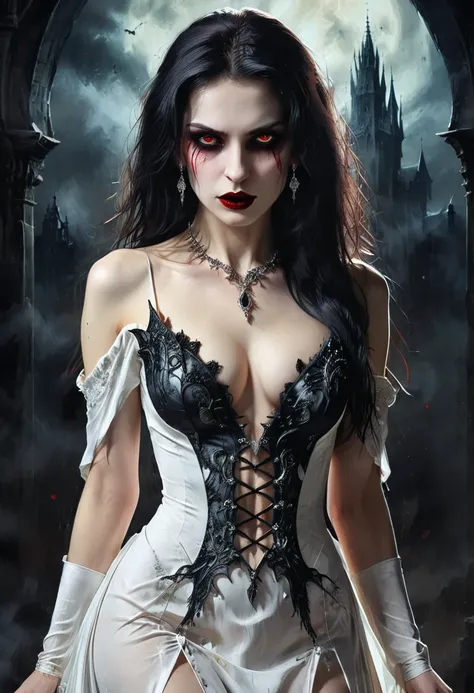 Arafed, dark fantasy art, goth art, a beautiful female vampire wearing a white evening dress stained with blood, an extremely beautiful female vampire, ultra detailed face, black hair, long hair, wavy hair, dark glamour make up, pale skin, red lips, glowin...