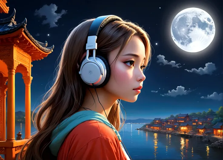 masterpiece, highest quality, beautifully (One girl), Very detailed,colorful, Most detailed、headphones on, full moon background