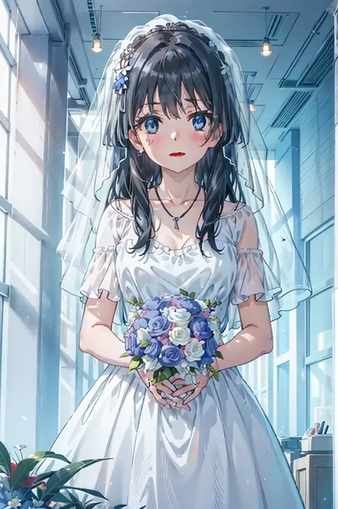 okay, saten ruiko, black hair, blue eyes, long hair, hair ornaments, floral decoration,grin,smile,veil,blush,wedding dress,off t...