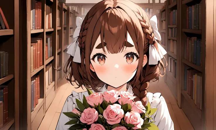 1girl, blush, book, bookshelf, bouquet, bow, braid, brown eyes, brown hair, flower, hair bow, holding, looking at viewer, pink flower, red hair, solo, thick eyebrows