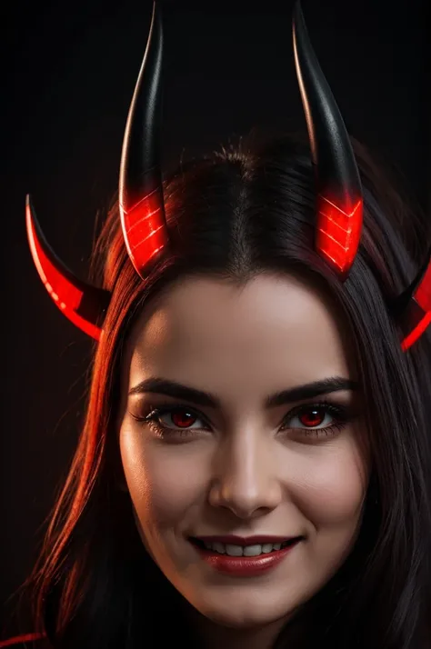 Pale woman with horns, glowing red eyes with black wings giving a sinister smile 