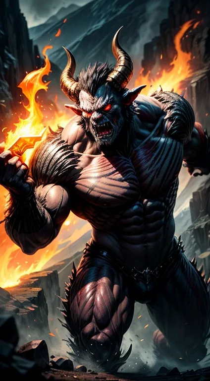 ghost, A mighty and fearsome monster, Red skin and horns, Huge body, Sharp Fangs, Carrying a weapon, Cave deep in the mountains, Background engulfed in flames, Angry expression, Powerful pose