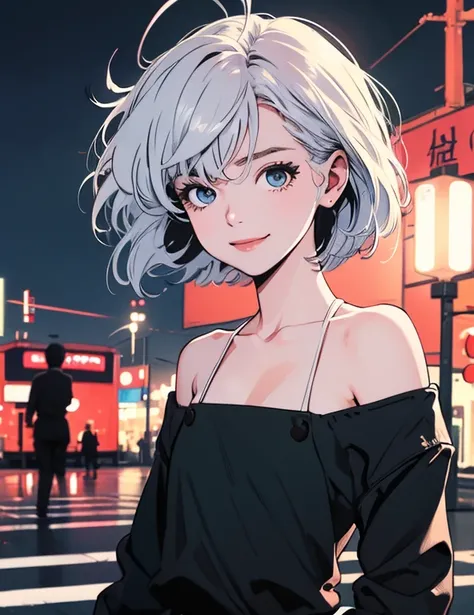 all the body、Upper body、1 beautiful woman、4K、Bare shoulder、Pedestrian crossing、Signal 、interference、Complex background、Short white hair、Detailed poem、He smiles、Shift pose