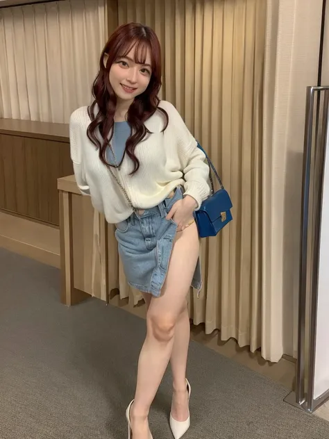 26 year old white woman、Hair color is reddish、Hair is wavy、Eye color is blue、Longhaire、A slender、a smile、Wearing a stadium jumper、Im wearing pin heels、Standing with your back to a boutique show window、a smile、Head-on perspective、accessories on the wrist