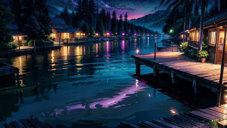 Neon Paintings ((purple ,green )) moonlight,Dock area, Bougainville décor , , moonlight, river, moonlight reflection,Beautiful Art UHD 4K, Beautiful artwork illustration, Beautiful digital painting, Highly detailed digital painting, Beautiful digital art, ...