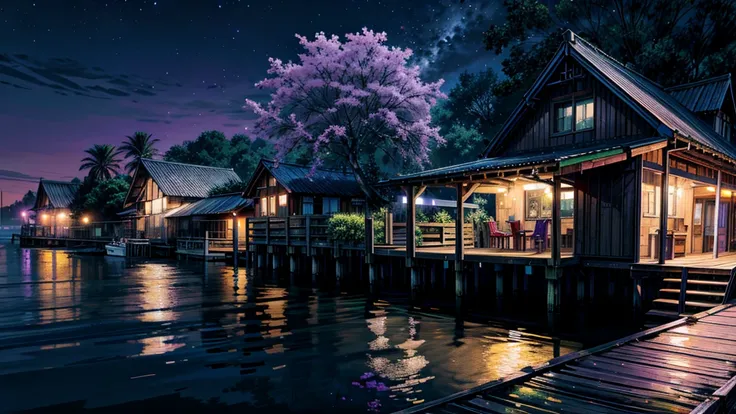 Neon Paintings ((purple ,green )) moonlight,Dock area, Bougainville décor , , moonlight, river, moonlight reflection,Beautiful Art UHD 4K, Beautiful artwork illustration, Beautiful digital painting, Highly detailed digital painting, Beautiful digital art, ...