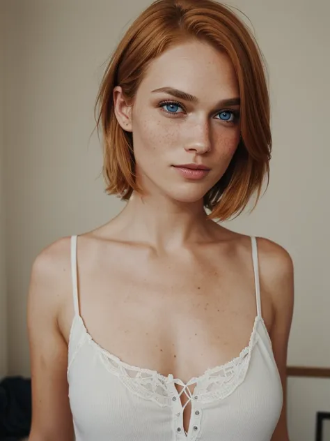 1 swedish girl, cheap phone camera quality, solo, southern belle, [Keira Knightley:0.8], dark strawberry blonde ((short)) hair, freckles, blue eyes, (Swedish face, swedish body), 25 years old, BREAK, , dynamic pose, sexy, seductive, 88mm, 4K, eat