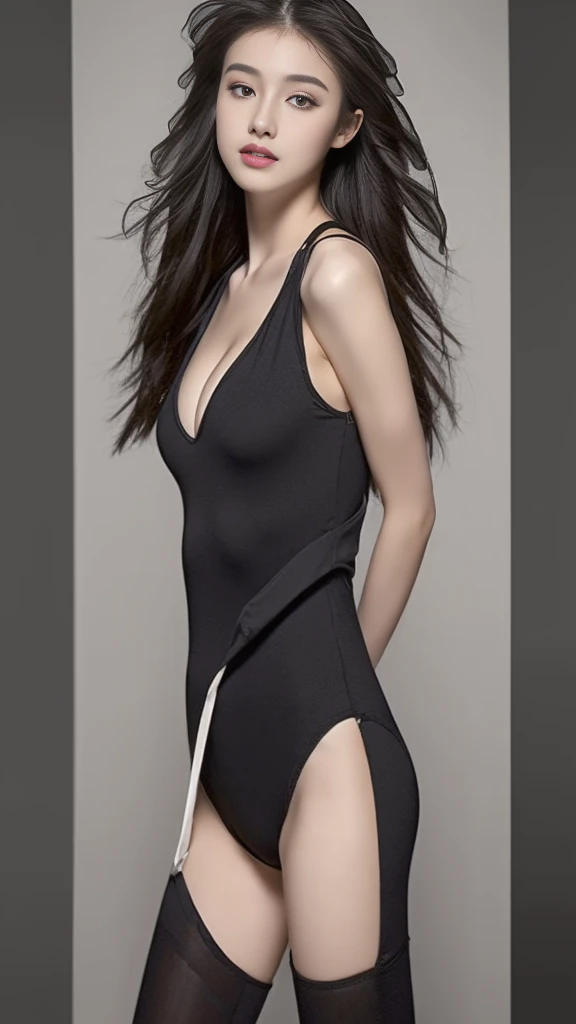 ((Best quality，High Detail，Focus accurately，masterpiece:1.5)), 18 years old perfect girl，Full body image：1.5，Spandex one-piece tights，Spandex jumpsuit，Exquisite appearance，Clear facial details，Medium breasts，Long hair，Bare legs：1.3