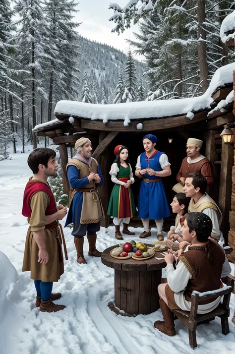 Snow white and the seven dwarfs talking to villagers