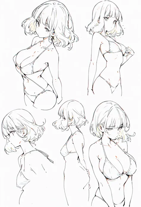 ((whole body)), side view, standing, Hair blowing in the wind, Face hidden by hair, arched back, line art，漫画line art，黑白line art，Black and White，multiple angles, Mature women, tall，slender body, bowl cut blunt bangs,  bangs，White bikini, Clear and smooth li...