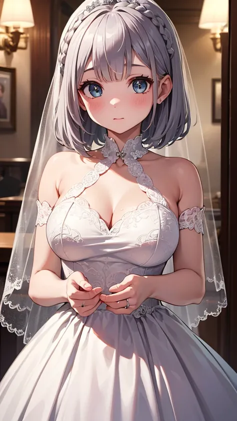 Ultra-high resolution,masterpiece, Attention to detail, Highest quality, 4K,(Silver braided short bob),(well endowed,Captivating body、Ultra-detailed skin、Beautiful eyes、Detailed Background),1girl、(Wedding dress、Embarrassed)