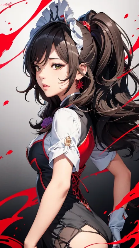 random angle image, brush drawing image, portrait image, beautiful busty Asian female teen, aged 20, soft skin colour, flowing long black hair, red slim fit maid dress, dynamic pose, red smoke lines behind, white background, 8K resolution 