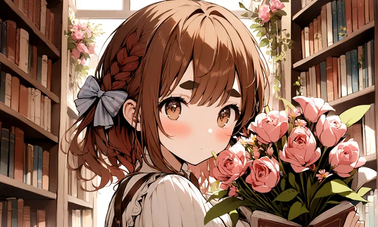 1girl, blush, book, bookshelf, bouquet, bow, braid, brown eyes, brown hair, flower, hair bow, holding, looking at viewer, pink flower, red hair, solo, thick eyebrows