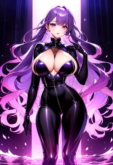 Create a digital artwork of a voluptuous female character with massive breasts in an anime-inspired style. The character should have long, flowing purple hair and large, expressive purple eyes. She should be wearing a revealing red crop top and some black ...