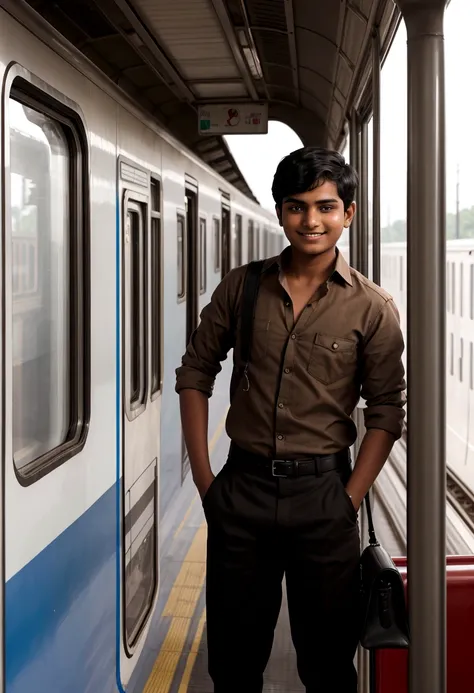 a 17 years old Indian bihari boy, short black hair, wearing Edge Square Brown Shirt & pant, he stand in Indian train, looking outside of train , cute smile, a bag on his black, ray tracing, backlighting, modern, 1080P, HD, 4K, 8k, 16k, high quality, best q...