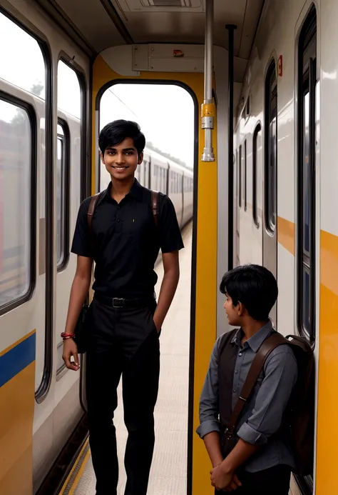 a 17 years old Indian bihari boy, short black hair, wearing Edge Square Brown Shirt & pant, he stand in Indian train, looking outside of train , cute smile, a bag on his black, ray tracing, backlighting, modern, 1080P, HD, 4K, 8k, 16k, high quality, best q...