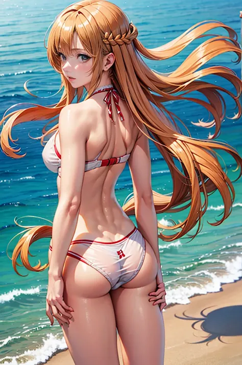 (masterpiece, Highest quality, figure), Digital Art, Asuna (star), White bikini, ((See-through bikini)), (I can see your butt), Back view, (Wet Panties), (Perfect round ass), A somewhat athletic back, The body is slim, Long blonde hair, Blushing, Recall, C...