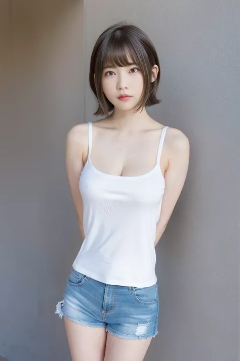 Picture taken from the front, with the left and right sides equally spaced, draw symmetrically, simple background, equally spaced left and right, stand upright, cowboy shot, (arms behind back:1.5), One girl, very short hair, (camisole, shorts)