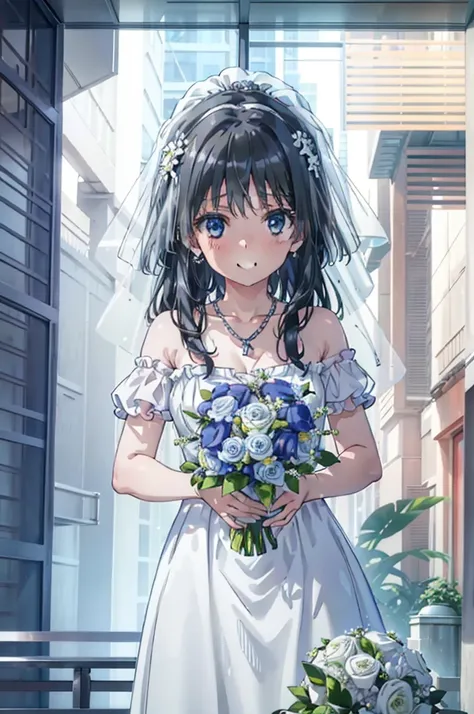 okay, saten ruiko, black hair, blue eyes, long hair, hair ornaments, floral decoration,grin,smile,veil,blush,wedding dress,off t...