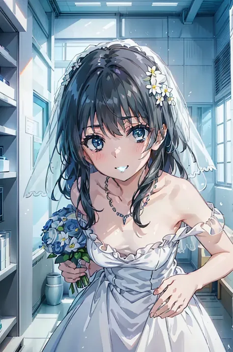 okay, saten ruiko, black hair, blue eyes, long hair, hair ornaments, floral decoration,grin,smile,veil,blush,wedding dress,off t...