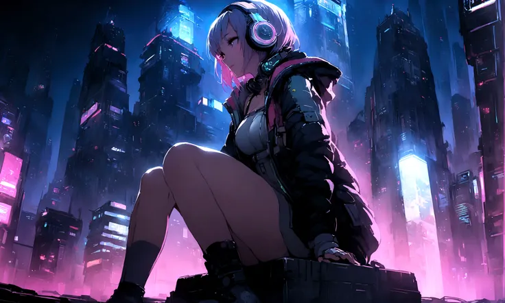 Highest quality、masterpiece、night、Headphones、cyber punk、Cyber City、One Girl、Sitting on high ground、Mid Shot、High position