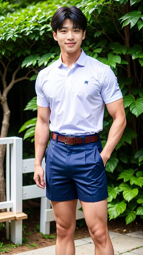 (Create a masterpiece: 1.2),(CGI art:1.3),(realistic:1.5),(After processing:1.3),(Sharp focus:1.3),10,1 man, smile, (Wear a white school shirt.), (Dark blue shorts:1.2),brown belt, Korean guy , korean men, (High gloss details), chest muscles, large arm mus...