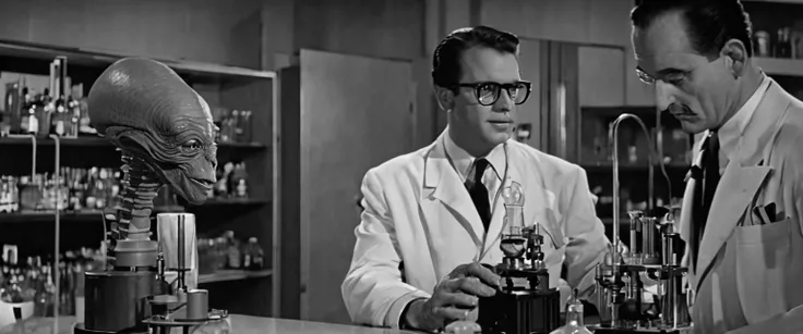 1940s black and white movie scene, classic scifi laboratory, mad scientist and alien helper