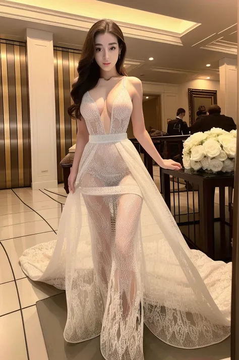 1 female，solo，Realistically，非常高的quality，Extremely detailed，(Huge breasts），Optimal lighting，quality：8K，Soft skin tone，bust，Sexy ，Pure white dress，Luxury lobby，High-end furniture，stand up。