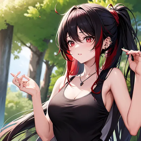 anime panel, upper body , 1girl, Korean, long black curly hair with red highlights, red, slanted eyes, casual clothes, black tank top, ear piercing, necklace, hair illuminated by sunlight, park background, tying your hair in a ponytail