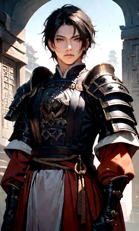 25 year old Chinese man,middle aged man,realistic,chinese_Armor,alone,Background of ancient chinese cities,detailed_eye,shoulder_Armor,(검은 eye),looking at viewer,(masterpiece:1.2), (best quality:1.2), perfect eye, perfect face, perfect lighting, (8K),(comp...